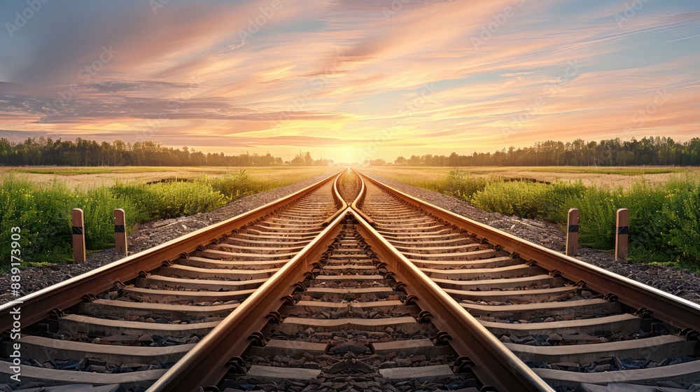A view down the middle of train tracks as they split at a crossing. The tracks are surrounded by gravel and grass A view down the middle of train tracks as they split at a crossing. The tracks are surrounded by gravel and grass