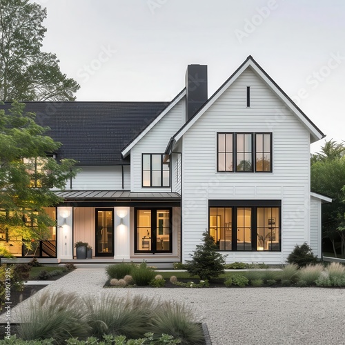 modern farmhouse exterior crisp white contemporary home with blackframed windows and a dark shingled roof minimalist landscaping and a gravel driveway complete the sleek ruralinspired design photo