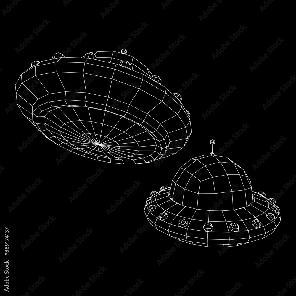 Fototapeta premium UFO vehicle unidentified flying saucer alien ship. Wireframe low poly mesh vector illustration