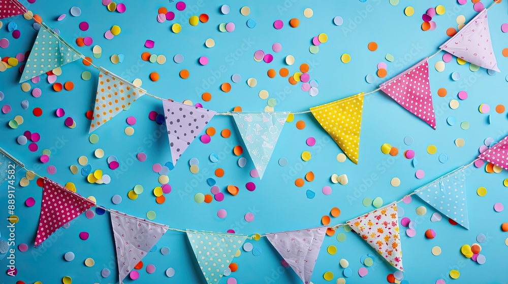 Fototapeta premium Colorful bunting flags and confetti. Perfect for birthday or celebration themes.