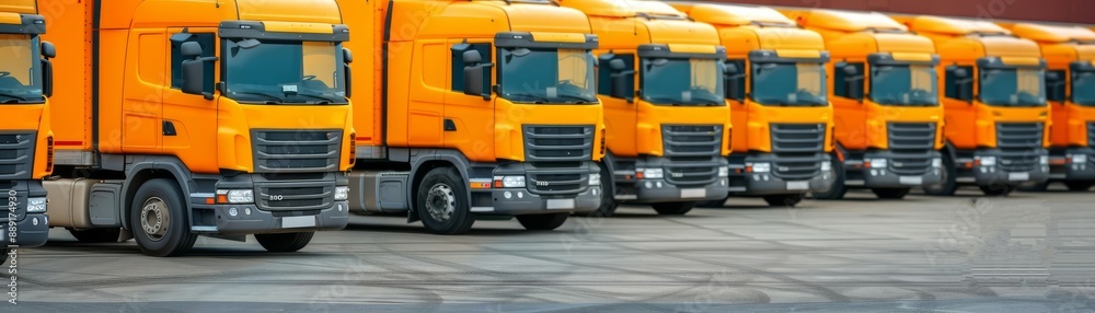 Fleet of trucks with company branding parked in a logistics hub, haulage fleet, corporate transportation management Fleet of trucks with company branding parked in a logistics hub, haulage fleet, corporate transportation management