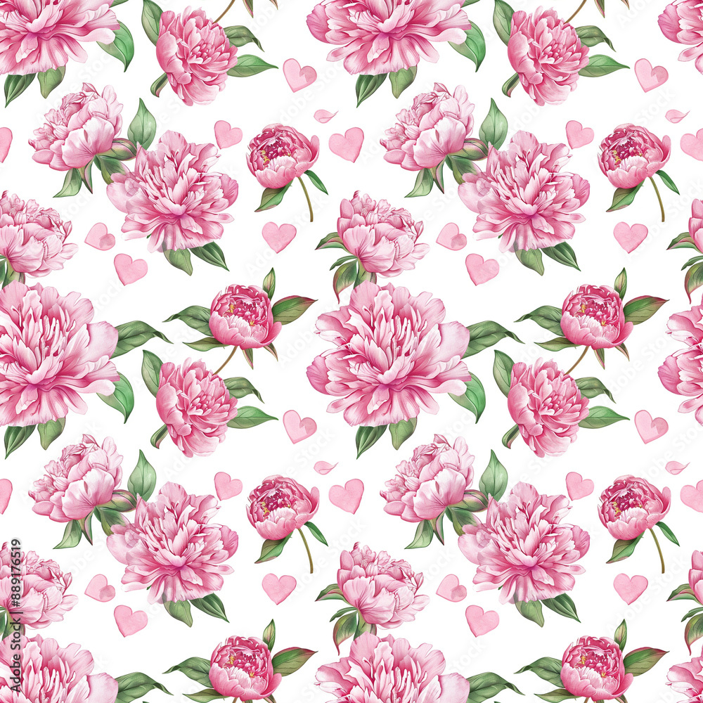Obraz premium Watercolor seamless pattern with pink peonies and hearts isolated on white background.