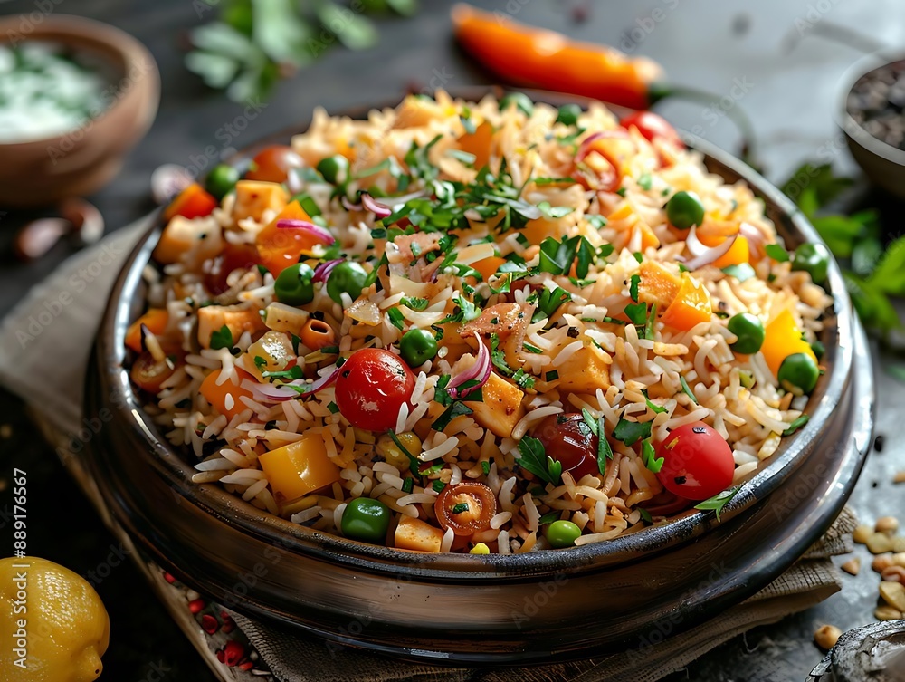 Delicious and Colorful Vegetable Rice Dish in a Brown Bowl - Food Photography Delicious and Colorful Vegetable Rice Dish in a Brown Bowl - Food Photography