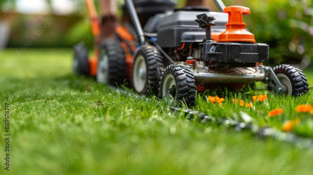 Low angle of a man pruning horticulture or hedge lawnmower machine cutting or trimming grass outdoors in his backyard on a sunny day Low angle of a man pruning horticulture or hedge lawnmower machine cutting or trimming grass outdoors in his backyard on a sunny day