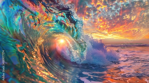 Sunset Sun Shining through Spiral Hole in Wave amidst Iridescent Rainbow-Colored Ocean