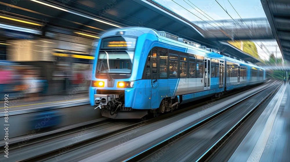 Fototapeta premium A modern, silver and blue train speeds through a station platform on a bright, sunny day