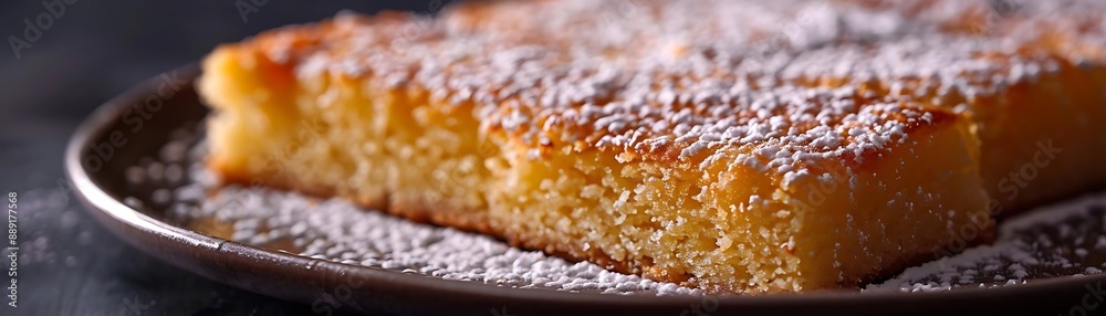 Close-Up of a Delicious Lemon Bar with Powdered Sugar on a Brown Plate Close-Up of a Delicious Lemon Bar with Powdered Sugar on a Brown Plate