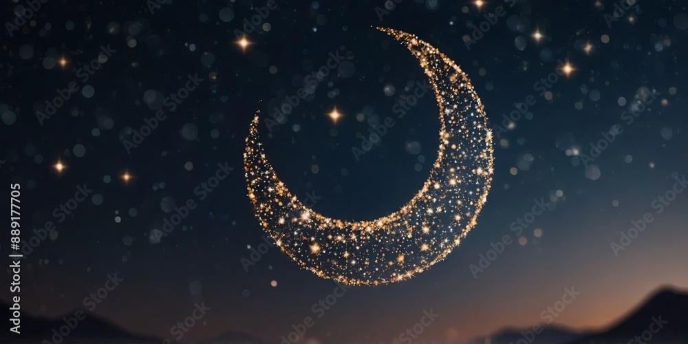 Fototapeta premium crescent on blurry background with shiny stars.