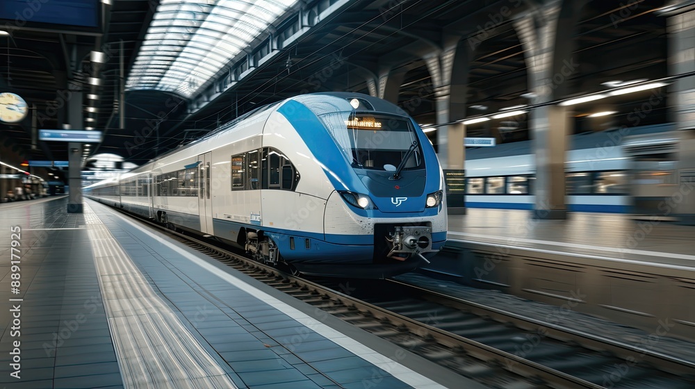 Naklejka premium A modern, silver and blue train speeds through a station platform on a bright, sunny day.