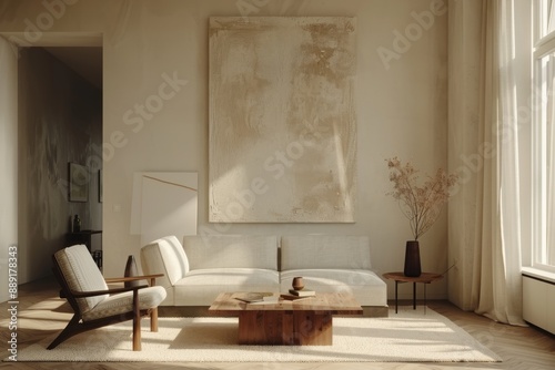 Living Room with Soft Lighting and Minimalist Art: A minimalist living room mockup featuring soft lighting and simple art.