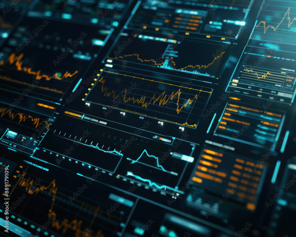Digital dashboard with financial charts, graphs, and data analytics for stock market analysis and investment monitoring Digital dashboard with financial charts, graphs, and data analytics for stock market analysis and investment monitoring