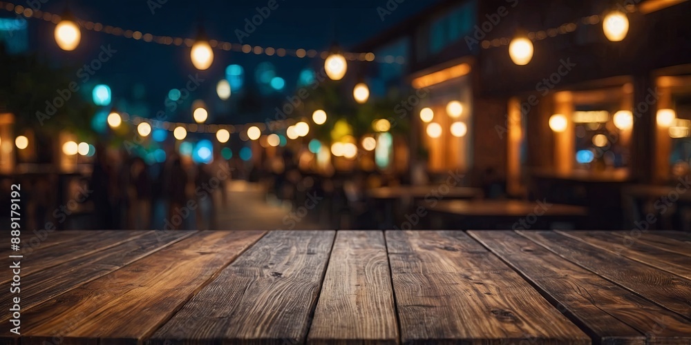 Empty wood table top for product presentation, night party blurry background. AI generated. Empty wood table top for product presentation, night party blurry background. AI generated.