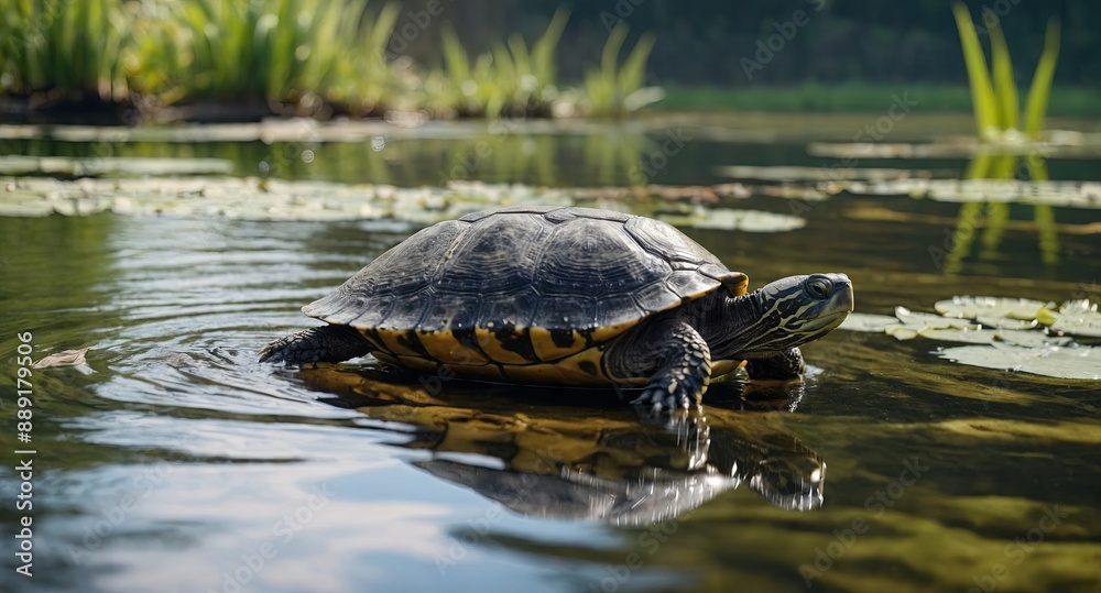Mary River Turtle swimming in the pond during the day. Mary River Turtle swimming in the pond during the day.