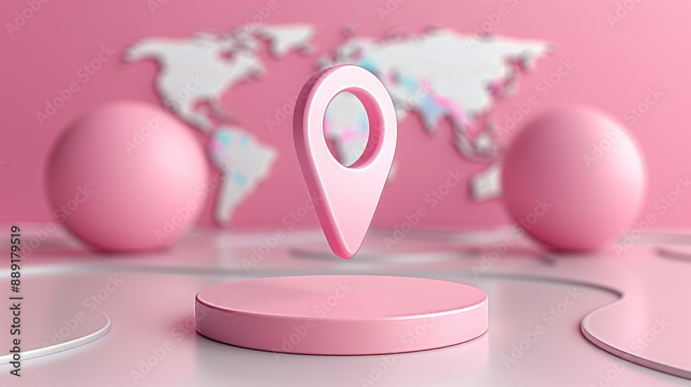 3D Map Pin Floating on World Map with Neon Gradient Background 3D Map Pin Floating on World Map with Neon Gradient Background