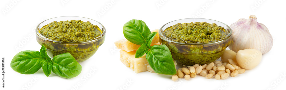 Pesto. Italian basil pesto sauce isolated on white background. Ingredient for pesto sauce: fresh basil, pine nuts, Parmesan cheese and olive oil. Space for text.Copy space. Pesto. Italian basil pesto sauce isolated on white background. Ingredient for pesto sauce: fresh basil, pine nuts, Parmesan cheese and olive oil. Space for text.Copy space.