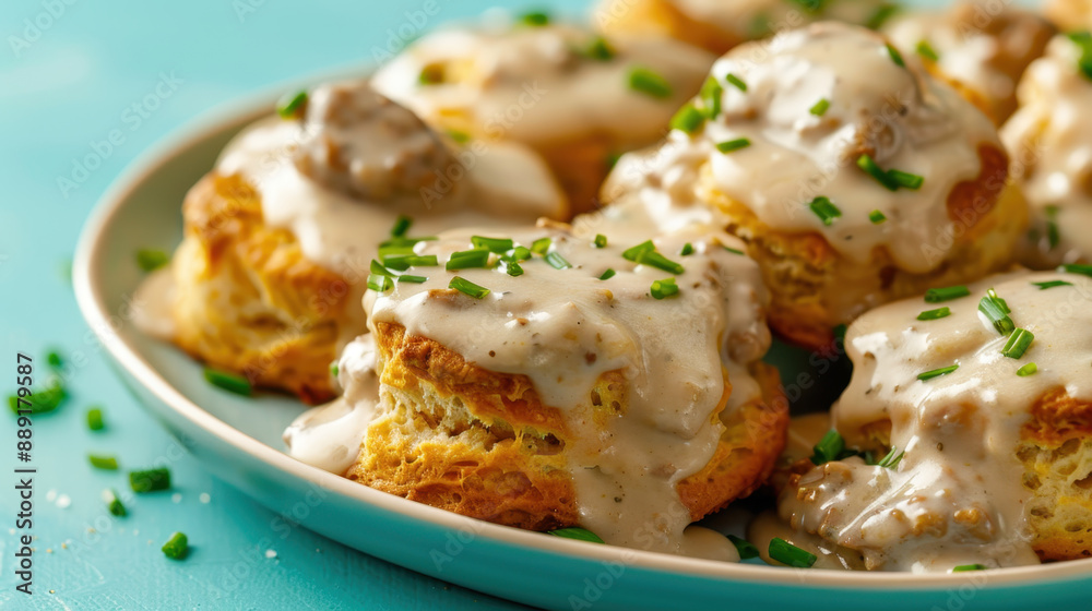 Flaky biscuits topped with creamy sausage gravy and fresh chives on a white plate Flaky biscuits topped with creamy sausage gravy and fresh chives on a white plate