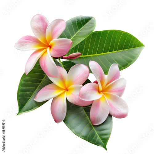 frangipani plumeria flower and leaves  on transparent background.