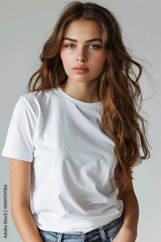White tshirt mockup on woman model created with Generative AI White tshirt mockup on woman model created with Generative AI