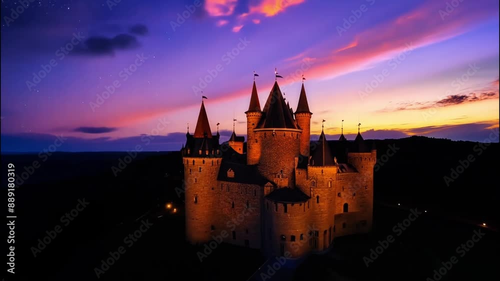Majestic castle with pointed towers silhouetted against a vibrant sunset sky
Majestic castle with pointed towers silhouetted against a vibrant sunset sky
