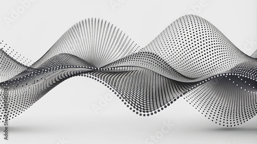 Mesmerizing abstract gradient of undulating grey waves, twisted curves, and halftone dots on a transparent background, evoking technology and sound frequencies.