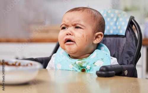 Crying, upset and baby with eating for growth, development and motor skills as toddler, youth or child. Unhappy, infant and feeding chair for nutrition, diet and wellness for health, nurture and care