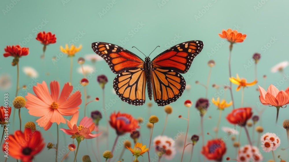A vibrant monarch butterfly with its wings fully spread, showcasing intricate patterns and vibrant colors against a field of wildflowers. A vibrant monarch butterfly with its wings fully spread, showcasing intricate patterns and vibrant colors against a field of wildflowers.