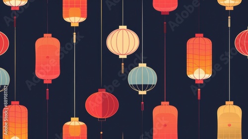 Minimalist Asian pattern, traditional lanterns, flat design illustration