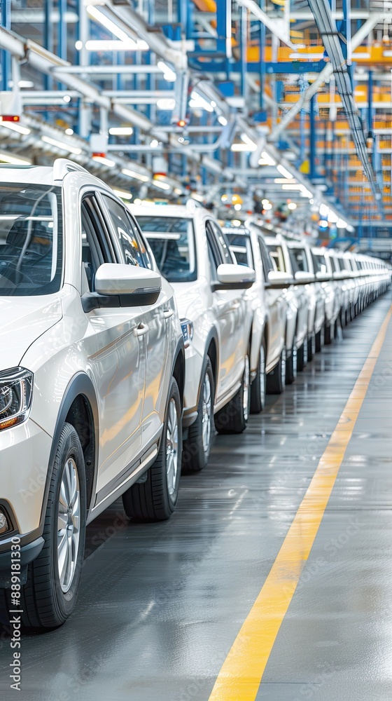 Obraz premium A futuristic assembly line with robotic arms and a conveyor belt, building cars in a modern automated factory setting.