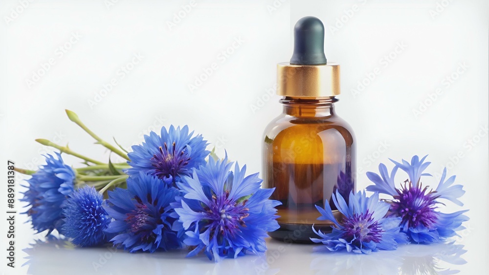 Bachblütentherapie, Bach-flowers, Wegwarte mit Tropfflasche, copyspace, freigestellt, auf weiß Bachblütentherapie, Bach-flowers, Wegwarte mit Tropfflasche, copyspace, freigestellt, auf weiß