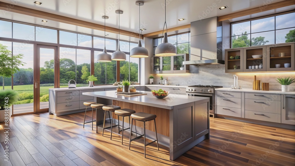 Modern spacious kitchen with sleek countertops, extensive cabinetry, gleaming appliances, and polished flooring, bathed in soft, warm natural light. Modern spacious kitchen with sleek countertops, extensive cabinetry, gleaming appliances, and polished flooring, bathed in soft, warm natural light.