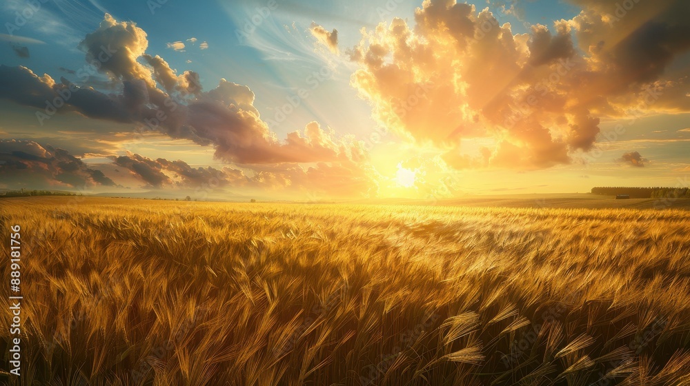 Fototapeta premium Golden sunset over a vast wheat field with clouds.