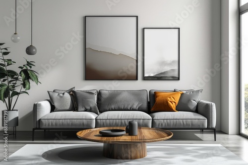 Living Room with Clean-lined Sofa and Minimalist Art: A minimalist living room mockup with a clean-lined sofa and minimalist artwork.