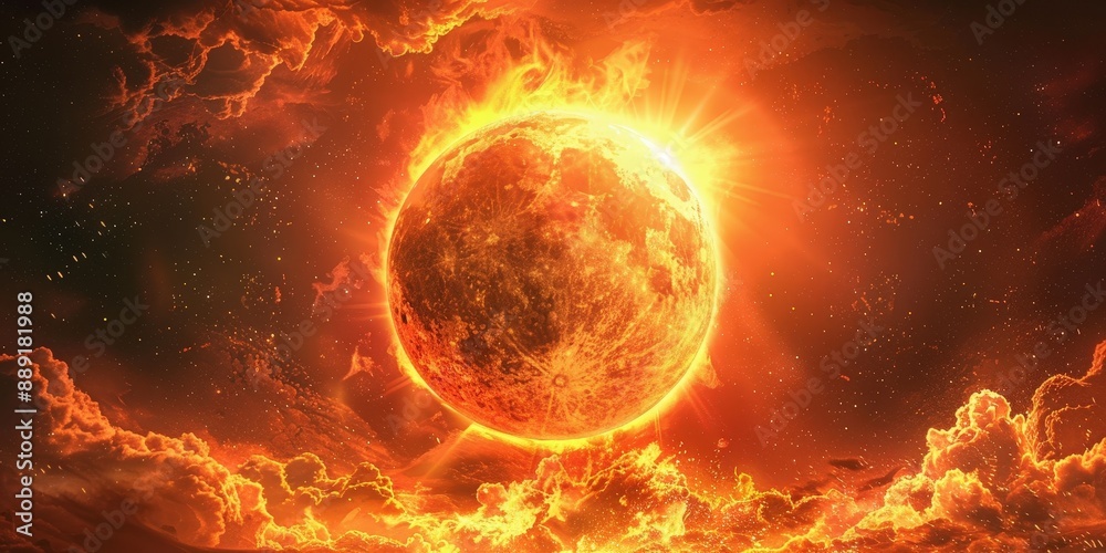 A fiery planet surrounded by glowing clouds in outer space, depicting a dramatic and otherworldly scene. A fiery planet surrounded by glowing clouds in outer space, depicting a dramatic and otherworldly scene.