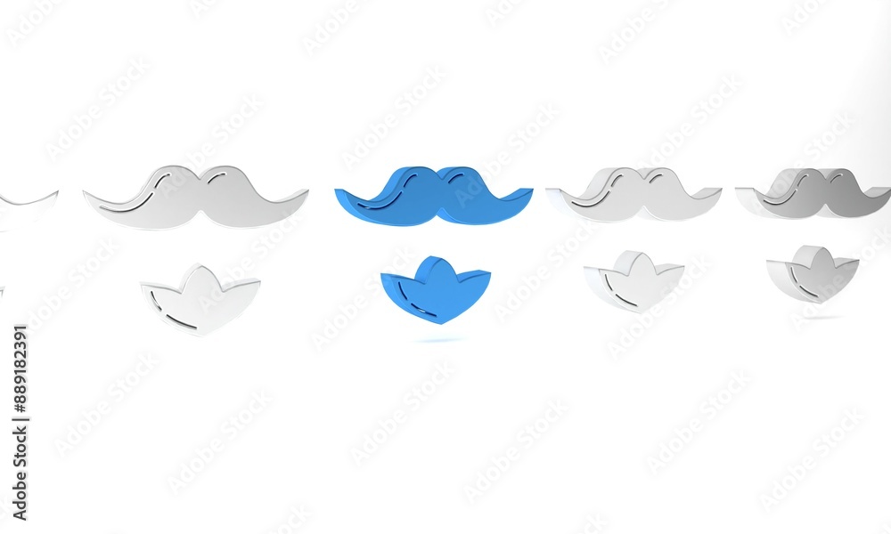 Blue Mustache and beard icon isolated on white background. Barbershop symbol. Facial hair style. Minimalism concept. 3D render illustration Blue Mustache and beard icon isolated on white background. Barbershop symbol. Facial hair style. Minimalism concept. 3D render illustration