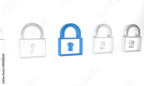 Blue Lock icon isolated on white background. Padlock sign. Security, safety, protection, privacy concept. Minimalism concept. 3D render illustration