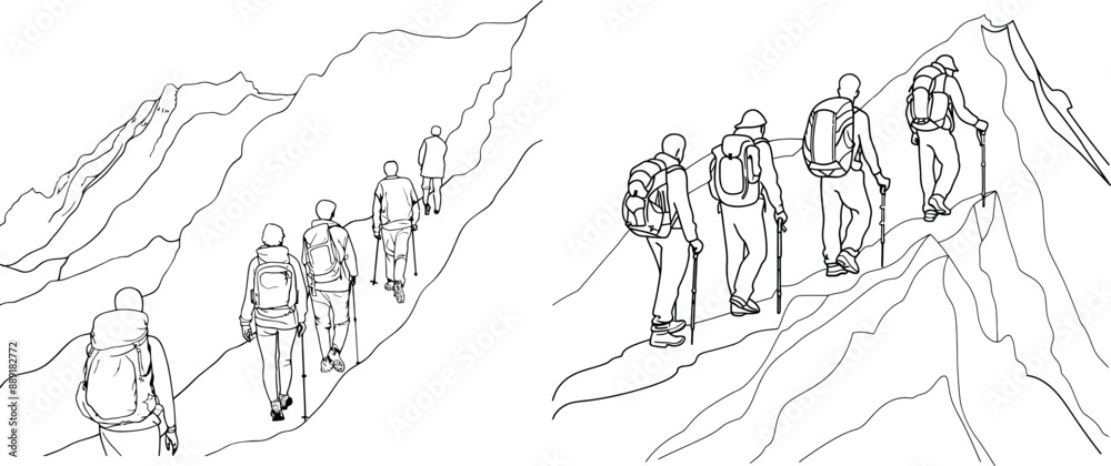 Obraz premium Various travelers hiking in the mountains. A modern single-line drawing of the scene