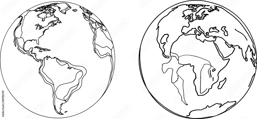 The earth globe is drawn with a continuous line. The Earth map is drawn with a hand drawn symbol. The earth globe is drawn with a continuous line. The Earth map is drawn with a hand drawn symbol.