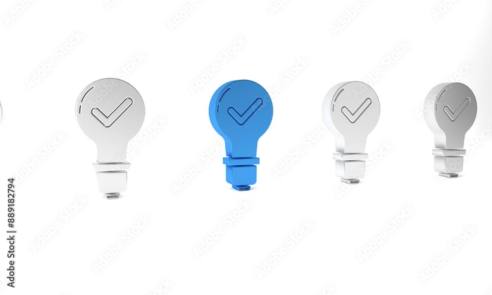 Blue Light bulb and check mark icon isolated on white background. Concept of idea. Minimalism concept. 3D render illustration Blue Light bulb and check mark icon isolated on white background. Concept of idea. Minimalism concept. 3D render illustration