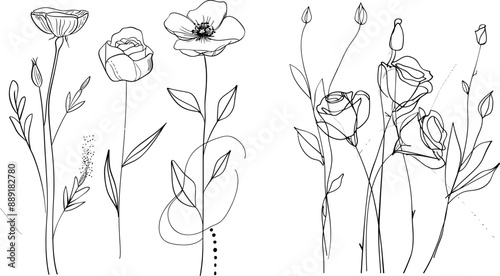 A set of one line drawing roses clip art. Hand drawn single line flowers with abstract background shapes.