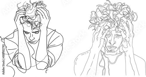 Woman suffering headache and workload. Single line graphic with round scribbles instead of a head.