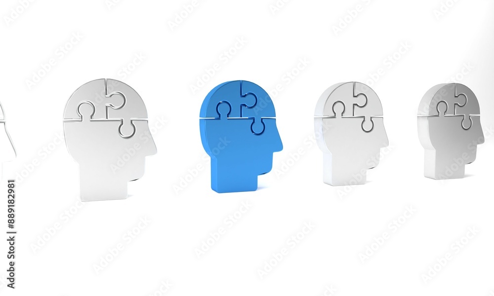 Blue Human head puzzles strategy icon isolated on white background. Thinking brain sign. Symbol work of brain. Minimalism concept. 3D render illustration