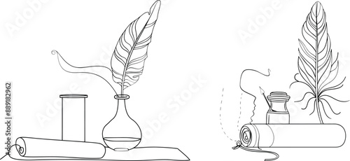 One line drawing of scroll with inkwell and feather. Antique, romance, classic, retro, correspondence, news.