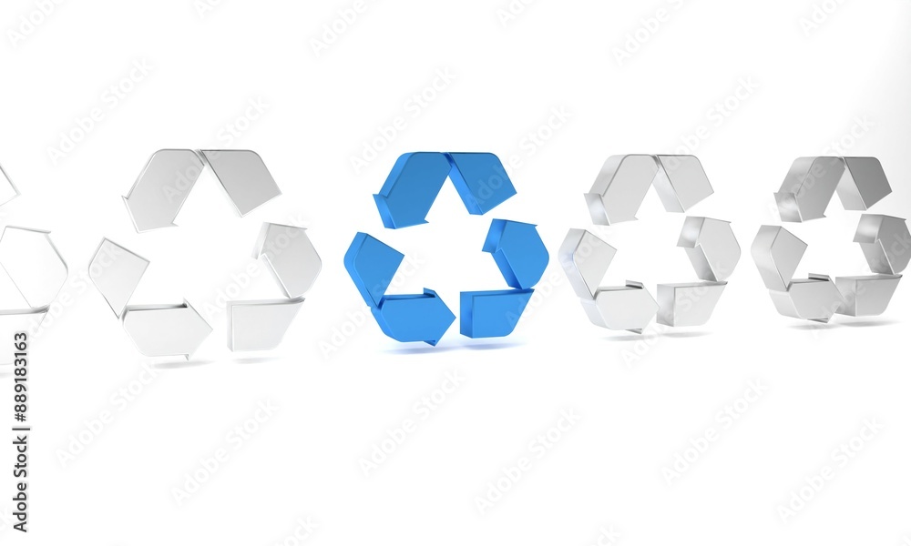 Blue Recycle symbol icon isolated on white background. Circular arrow icon. Environment recyclable go green. Minimalism concept. 3D render illustration Blue Recycle symbol icon isolated on white background. Circular arrow icon. Environment recyclable go green. Minimalism concept. 3D render illustration