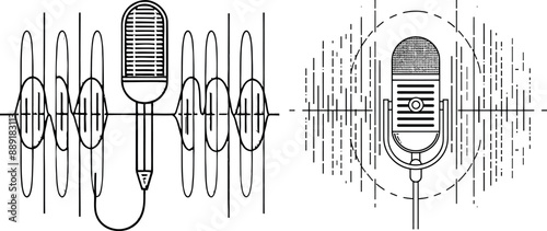 Drawing of the podcast microphone and sound wave with different amplitude.
