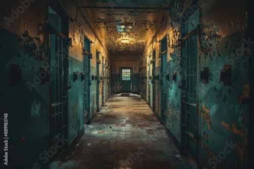 A long, dark prison corridor with barred doors. This photo is perfect for projects about confinement, crime, or the justice system.