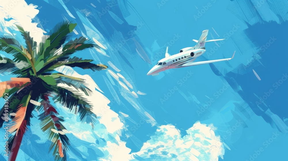 Fototapeta premium Aircraft against a blue sky with palm tree