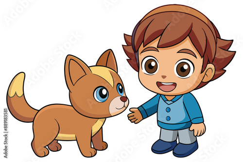 A happy cartoon illustration of children with their cute brown domestic dog pets