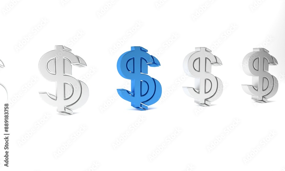 Blue Dollar symbol icon isolated on white background. Cash and money, wealth, payment symbol. Casino gambling. Minimalism concept. 3D render illustration Blue Dollar symbol icon isolated on white background. Cash and money, wealth, payment symbol. Casino gambling. Minimalism concept. 3D render illustration