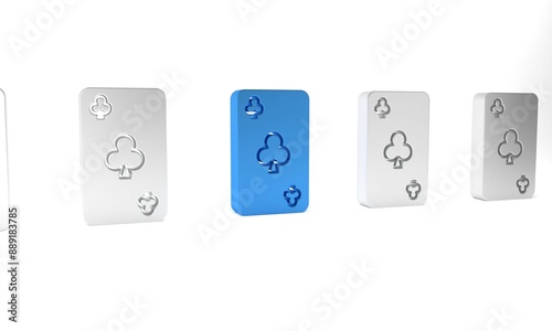 Blue Playing card with clubs symbol icon isolated on white background. Casino gambling. Minimalism concept. 3D render illustration