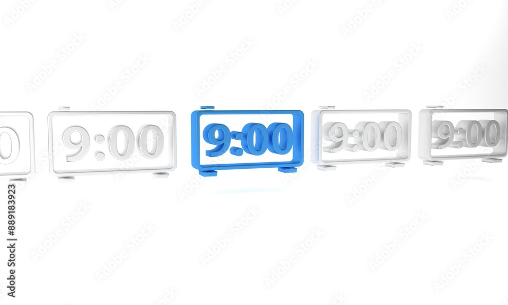 Blue Digital alarm clock icon isolated on white background. Electronic watch alarm clock. Time icon. Minimalism concept. 3D render illustration Blue Digital alarm clock icon isolated on white background. Electronic watch alarm clock. Time icon. Minimalism concept. 3D render illustration